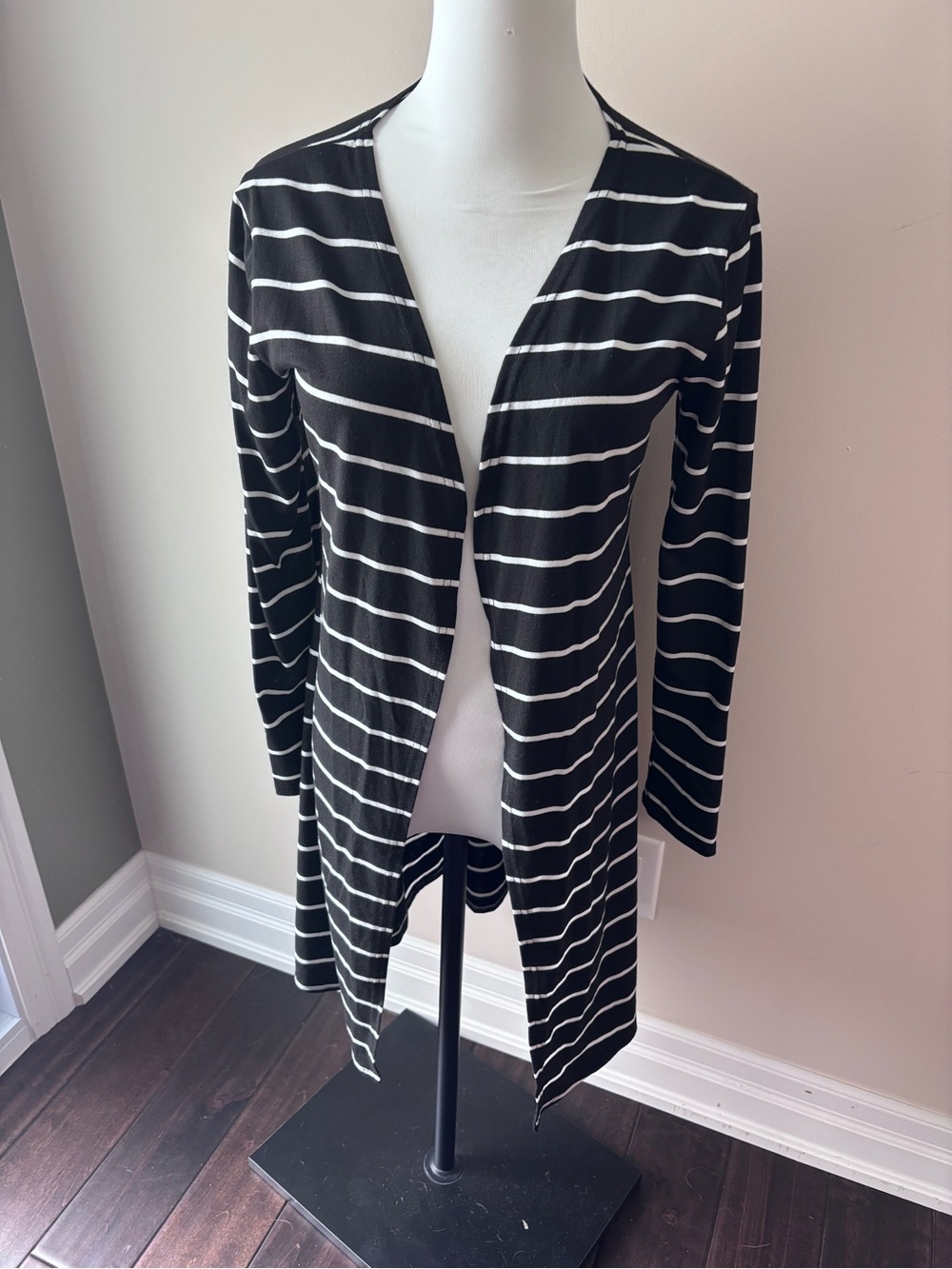 Striped Open Front Long Cardigan - Black & White
